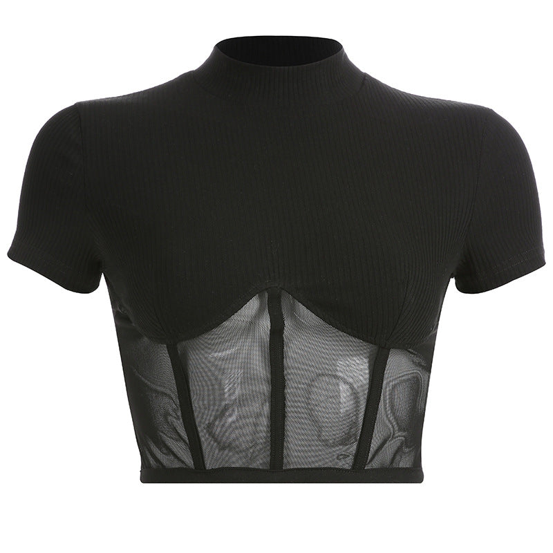 Crop Top with High Neck and Sheer Mesh Details