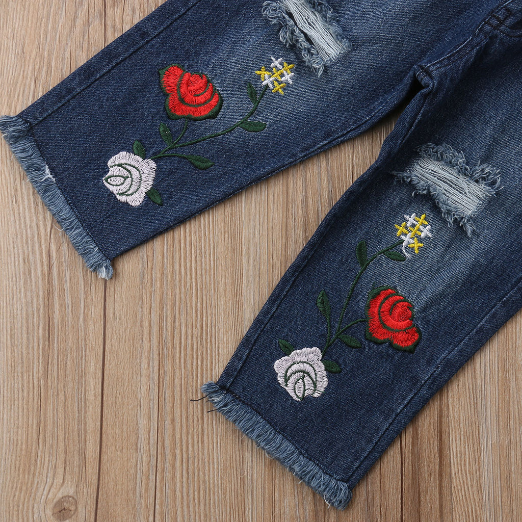 Lace Set with Embroidered Denim Pants Ensemble