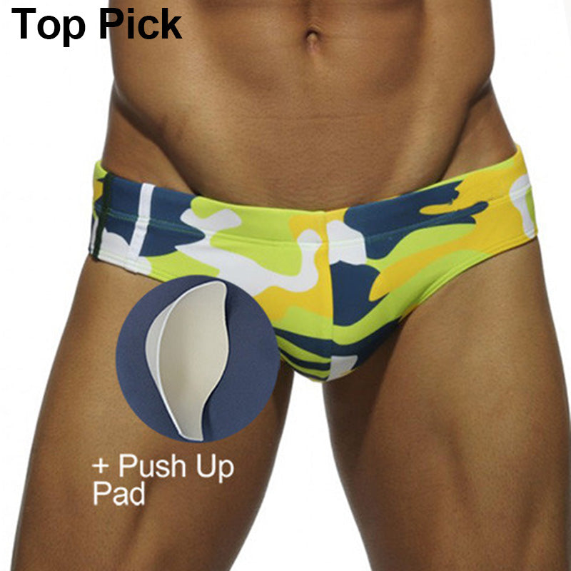 Men's Yellow Camo Swim Briefs with Push-Up Pad