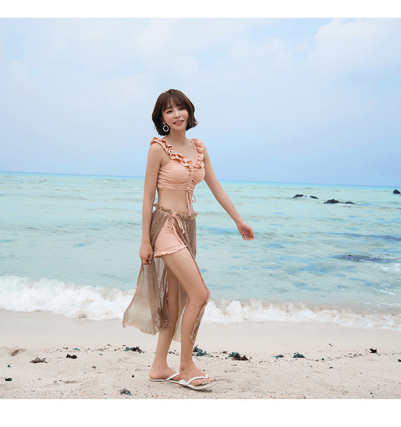 Women's Three-Piece Bikini Set with Sheer Skirt
