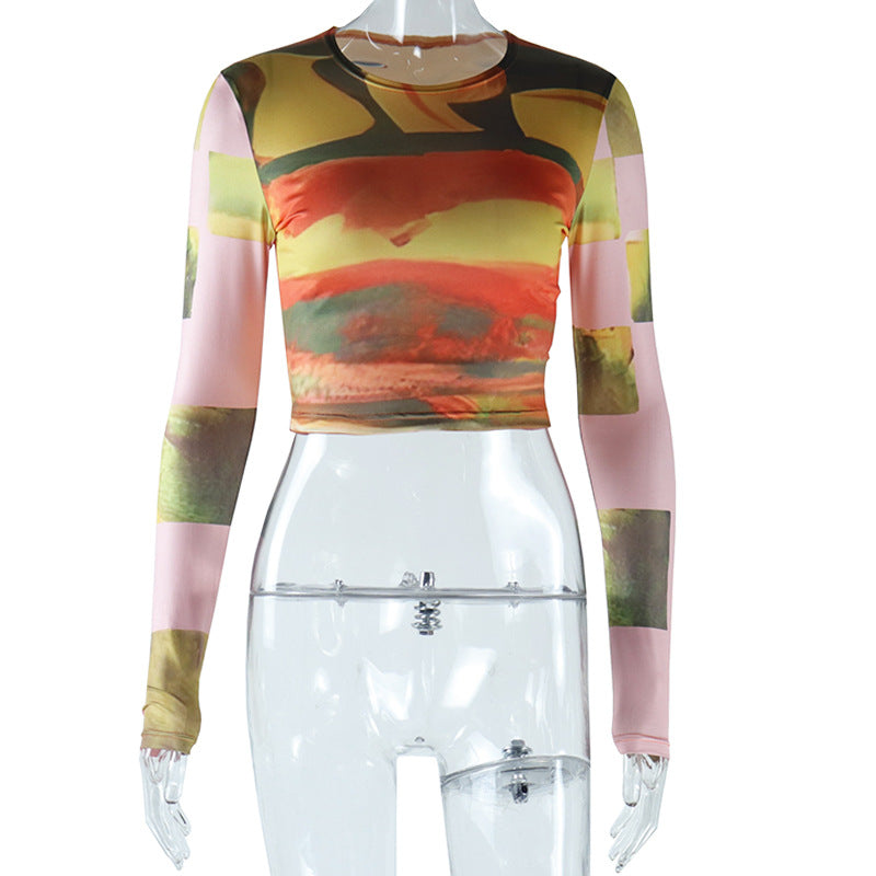 2023 Fashion Tie-Dye Crop Top with Long Sleeves