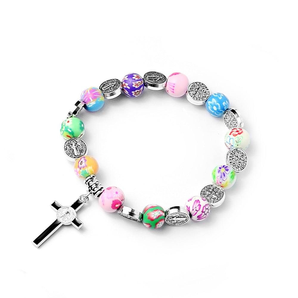 Colored Polymer Clay Cross Rosary Bracelet | Christian Jewelry