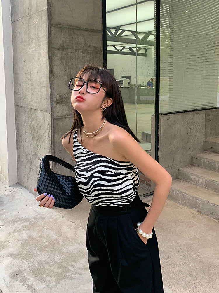 Zebra Print Women's One-Shoulder Tank Top