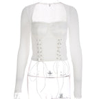 2019 Women's Long Sleeve Square Collar Lace Up Crop Top