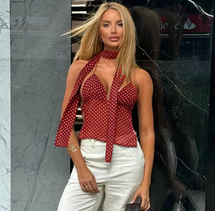 Women's Polka Dot Deep V Lace-Up Backless Tube Top Vest
