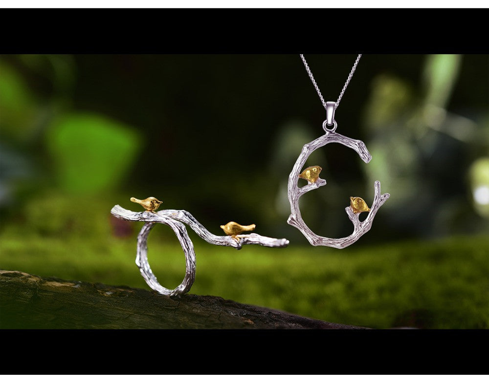 Silver Ethnic Style Bird Pendant and Ring Set