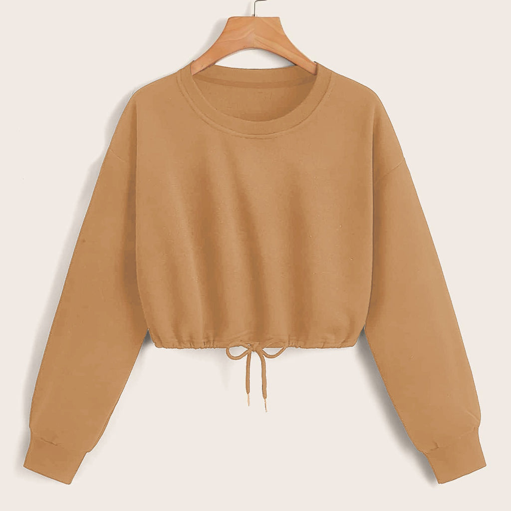 Trendy Women's Long Sleeve Crop Top with Drawstring Hem