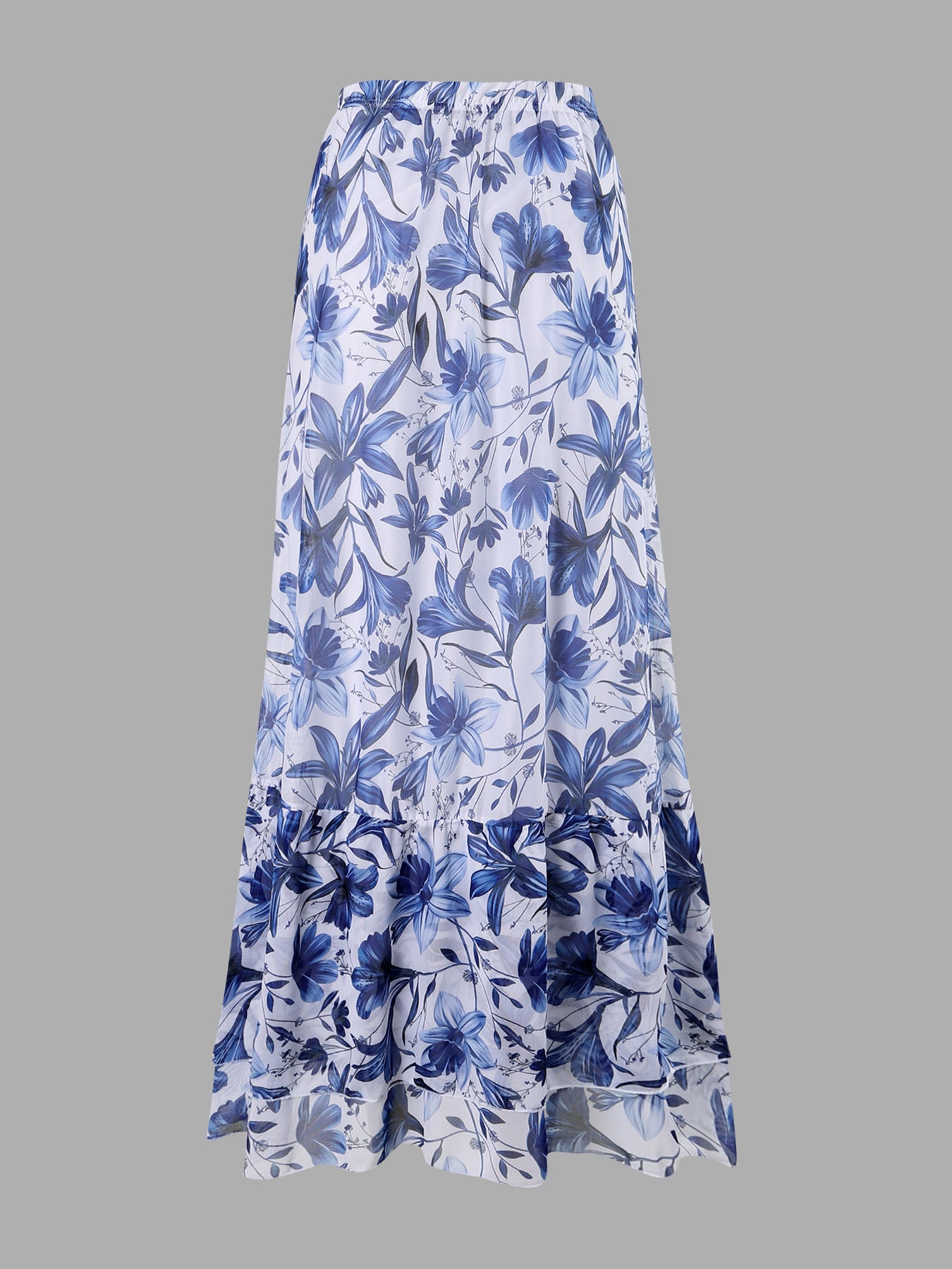 Blue Floral One-Piece Swimsuit and Maxi Skirt Set