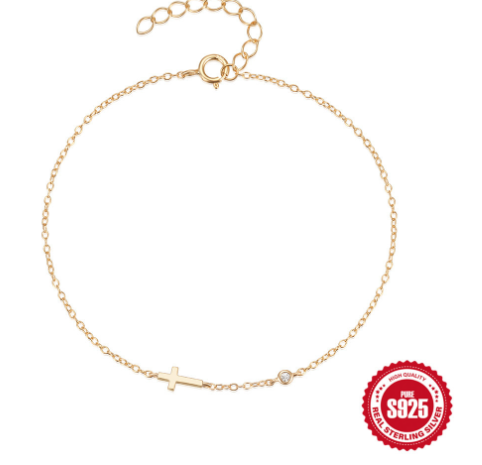 Thin 18K Gold-Plated Bracelet with Cross and Zirconia