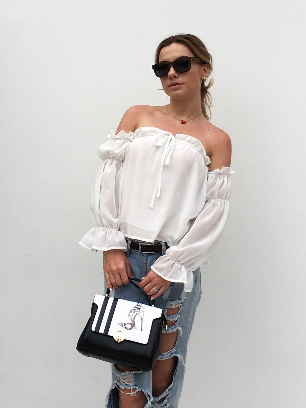 Women's White Off-Shoulder Ruffle Chiffon Cover-Up Top