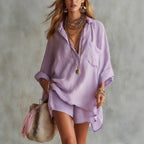 Women's Cotton-Linen Beach Shirt and Shorts Set