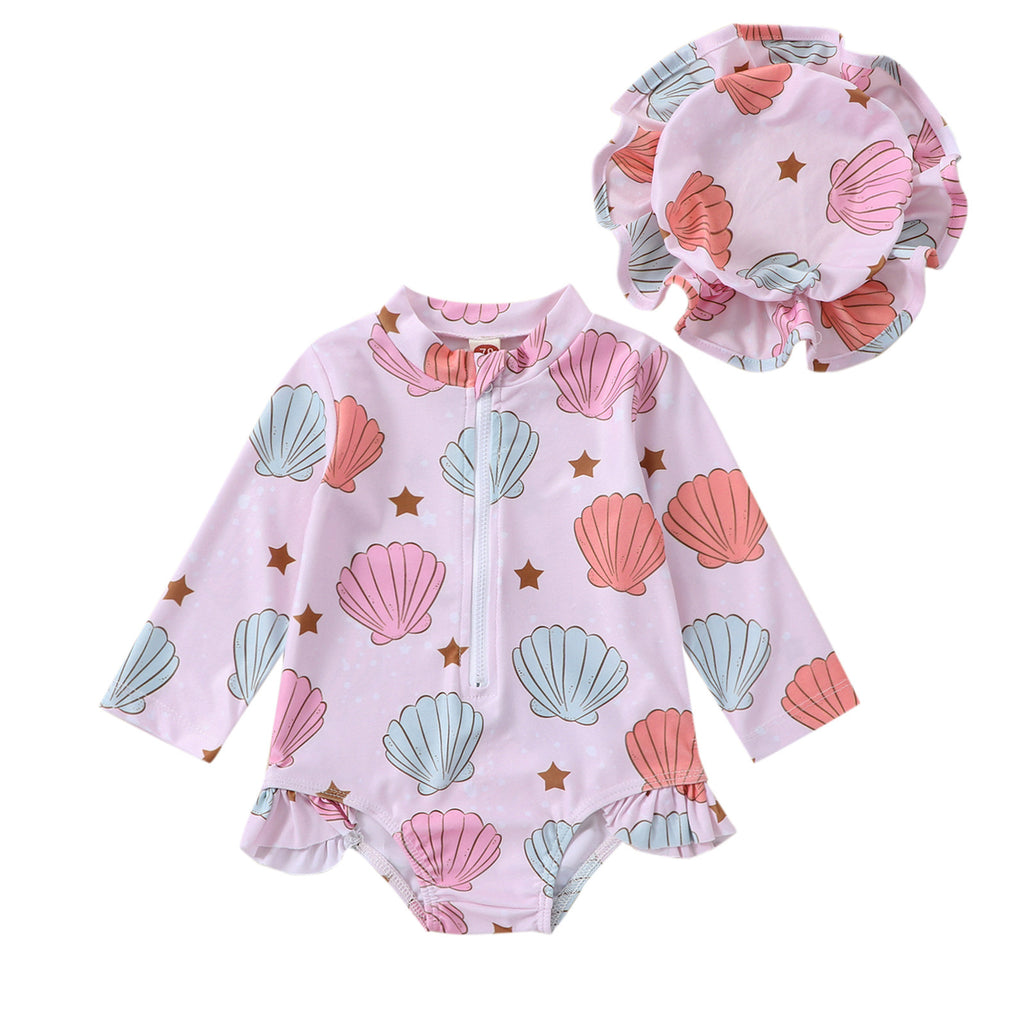 Girls' Shell Print Long-Sleeve Rash Guard Swimsuit with Hat
