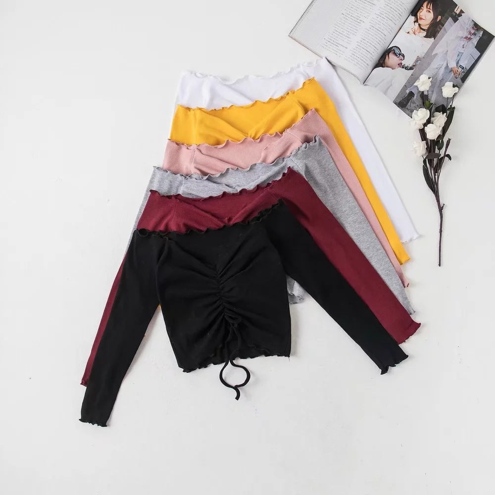 Long Sleeve Crop Top with Ruching and Off-Shoulder Design