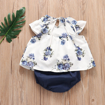 2019 Girls' White Printed Top with Denim Shorts Set