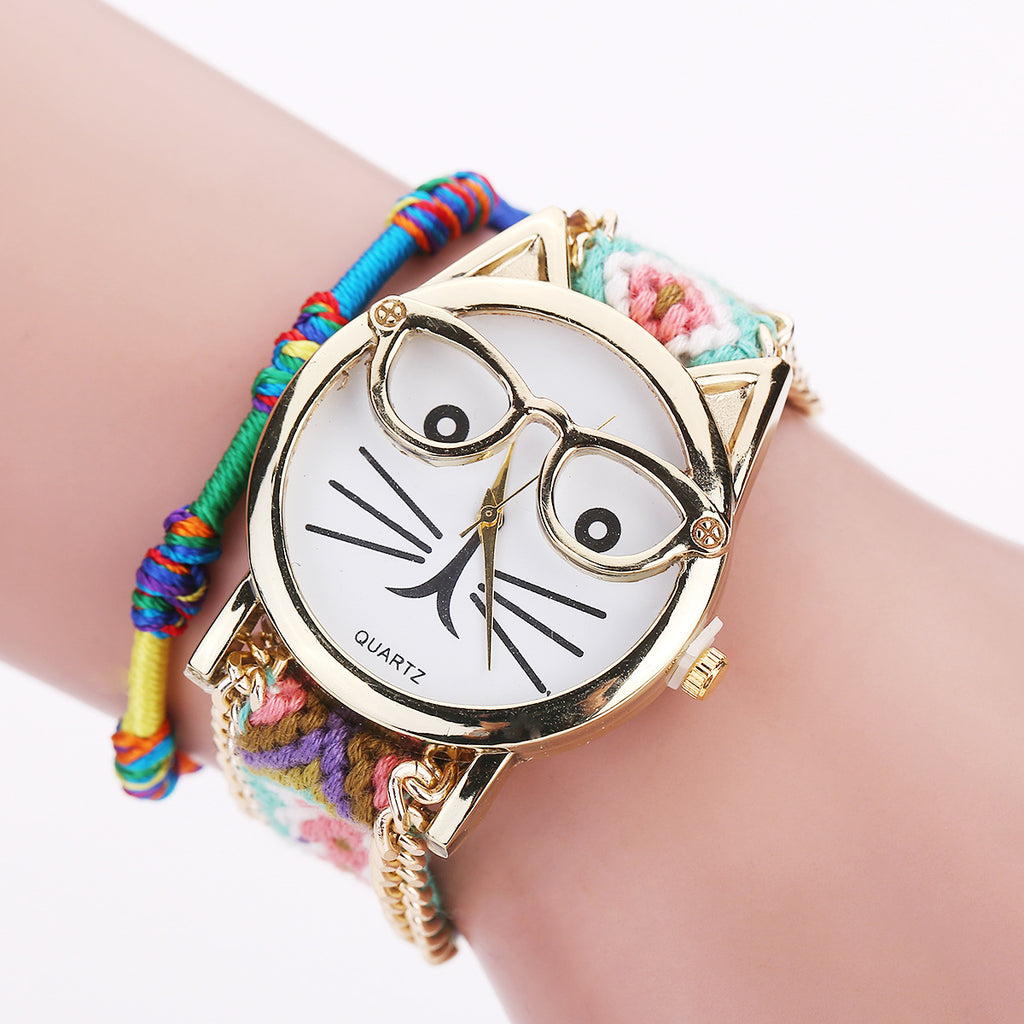 Knitted Yarn Bracelet Watch with Cute Cat Face Design