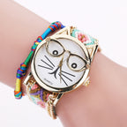 Knitted Yarn Bracelet Watch with Cute Cat Face Design