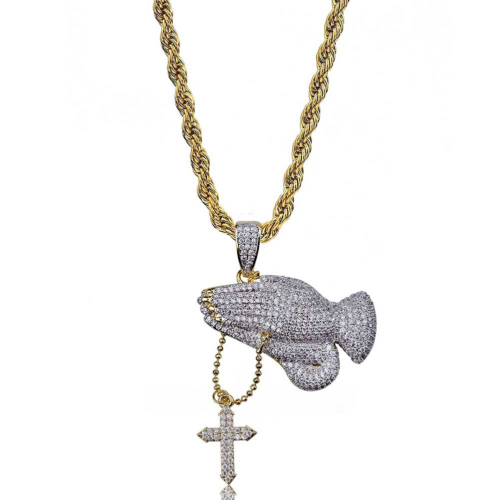 Vintage Cross Prayer Gesture Necklace with Zircon Stones
