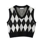 Vintage Plaid V Neck Sweater Tank Top for Women