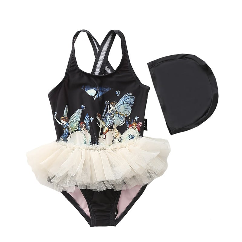 Girls Fairy Tutu One-Piece Swimsuit with Cap