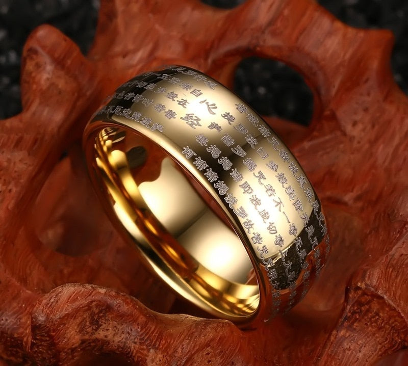 Buddhist Scripture Tungsten Ring with Laser Engraving