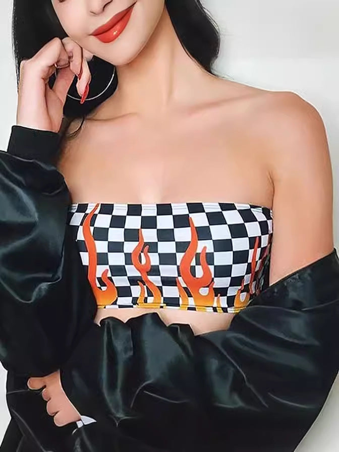 Flame Print Crop Top with High Waist Design