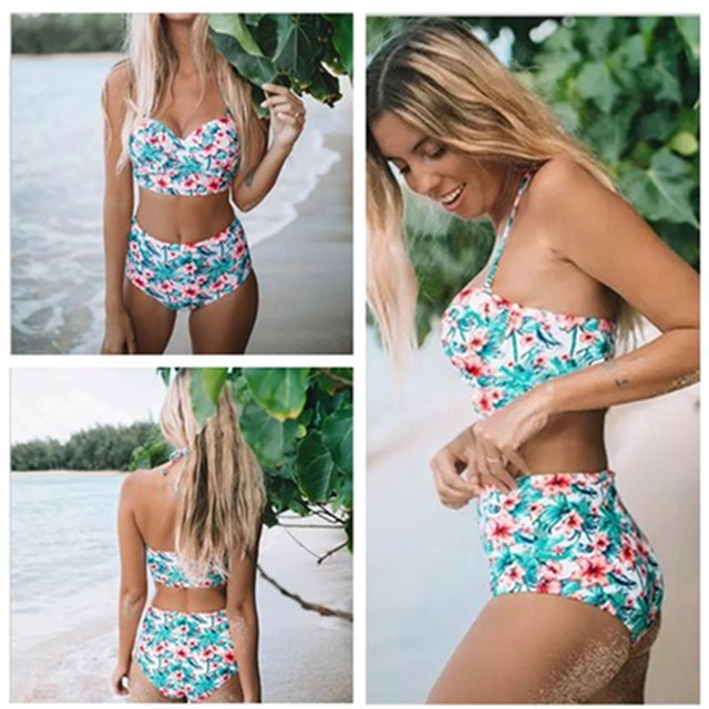Tropical Floral Bustier High-Waist Bikini Set