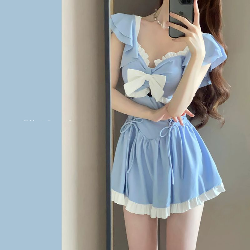 Women's Sage Green Bow-Front Ruffle Mini Dress
