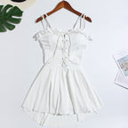White Skirted Lace-Up One-Piece Swim Dress