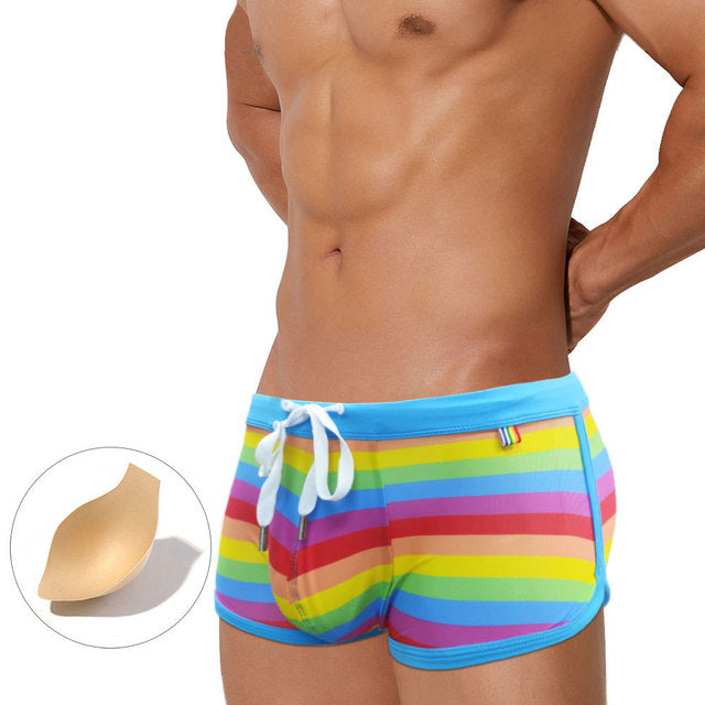 Men's Rainbow Stripe Drawstring Swim Trunks