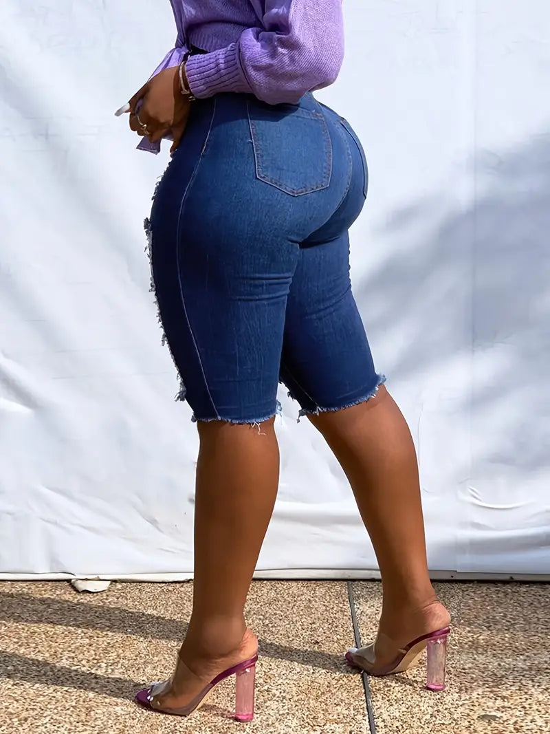 Curvy Raw Hem High Rise Destroyed Denim Shorts for Women
