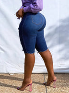 Curvy Raw Hem High Rise Destroyed Denim Shorts for Women
