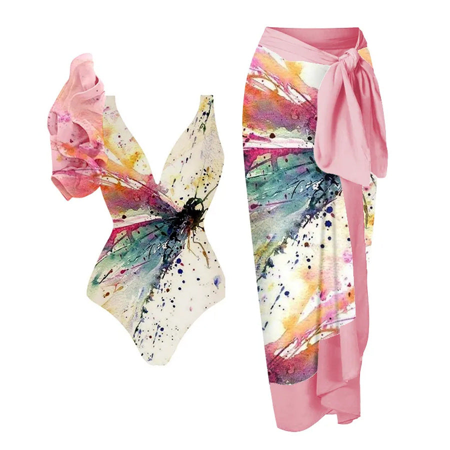 One-Shoulder Ruffle Print One-Piece Swimsuit