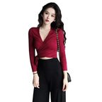 Women's Slim V-neck Long Sleeve Crop Top Fashion