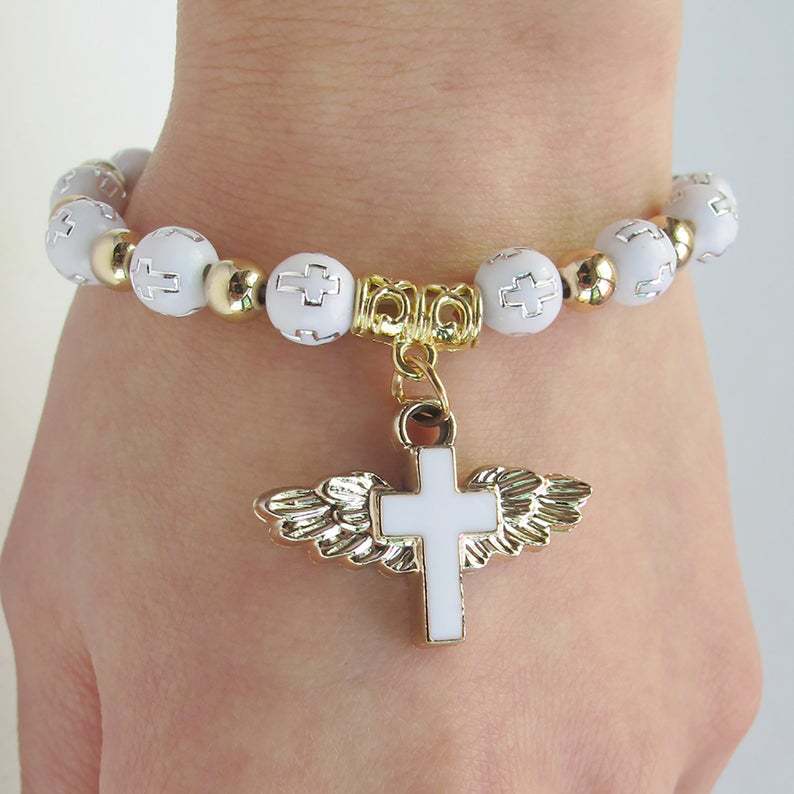Oil Dripping Angel Cross Rosary Bracelet | Christian Jewelry