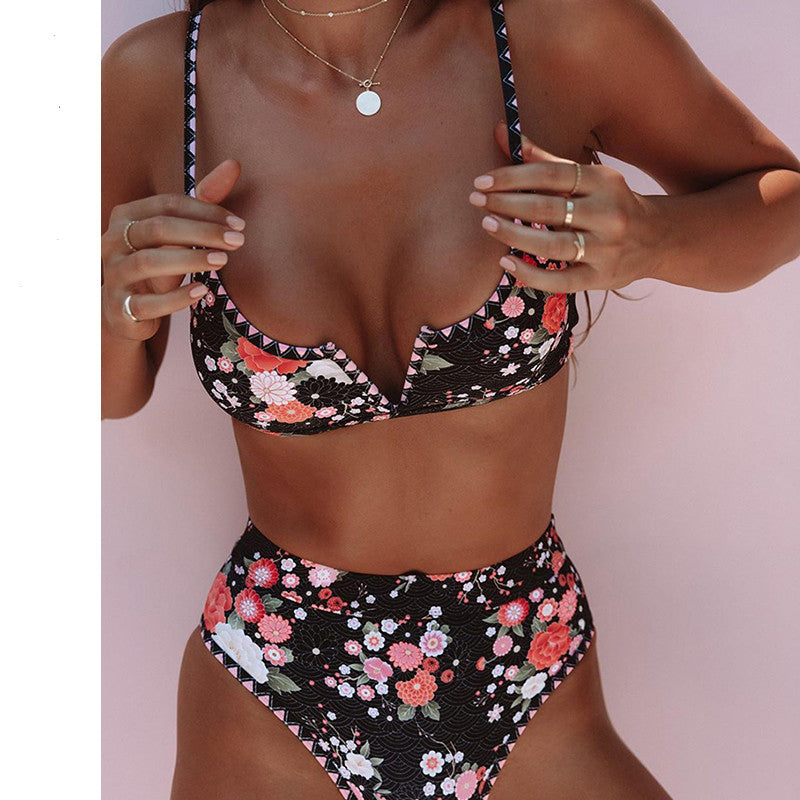 Women's Japanese Floral High-Waist Bikini Set