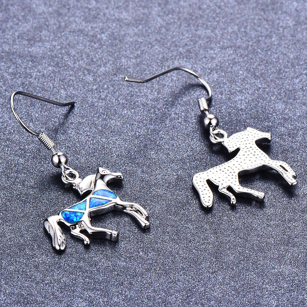 Animal-Themed Blue Opal Horse Earrings in Silver Boho Style