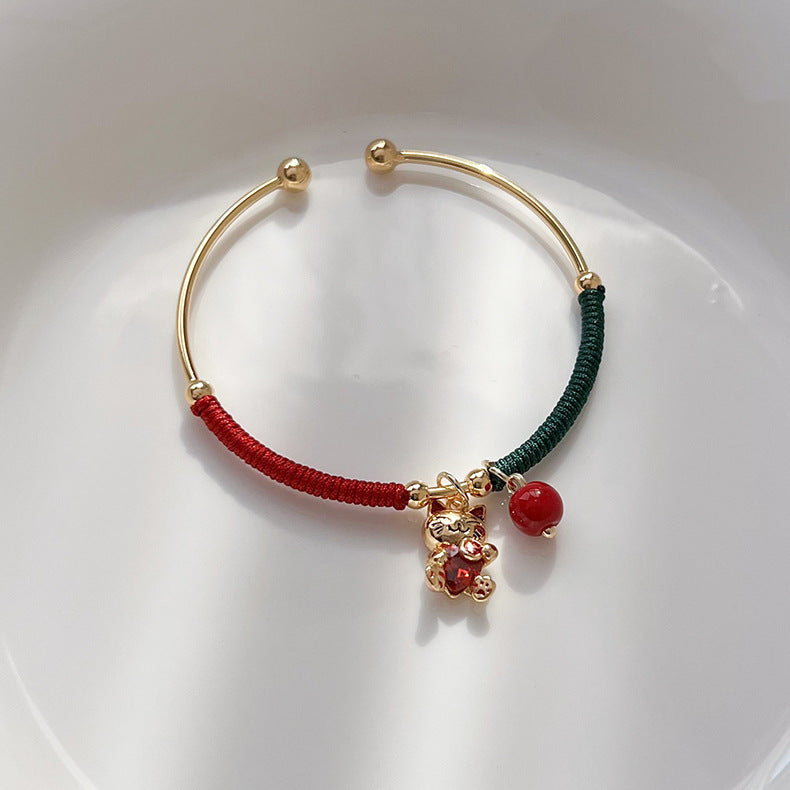 Antique Chinese Style Red String Kitten Pendant Bracelet