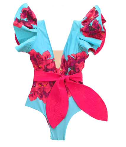 Turquoise Floral Ruffle-Sleeve One-Piece Swimsuit