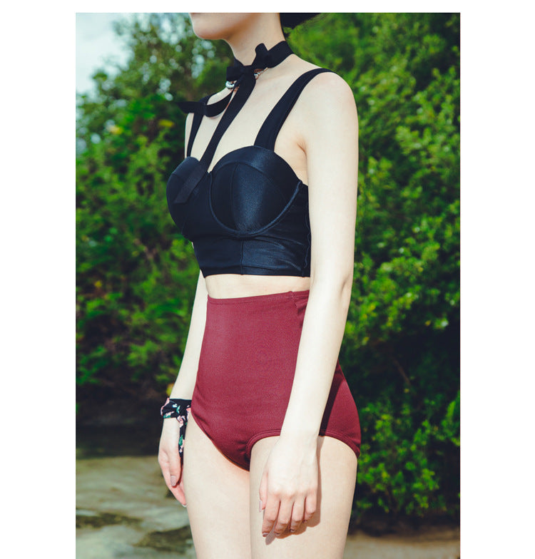 Retro Black Bustier High-Waist Bikini Set