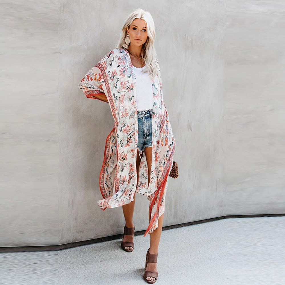 Floral Boho Chiffon Open-Front Beach Cover-Up Kimono