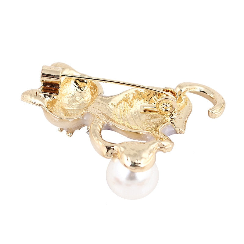 Cat Brooch with Alloy and Pearl Accents