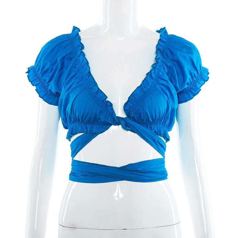Deep V-Neck Ruffle Edge Crop Top with Ties