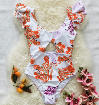 White Floral Ruffle Cutout Monokini Swimsuit