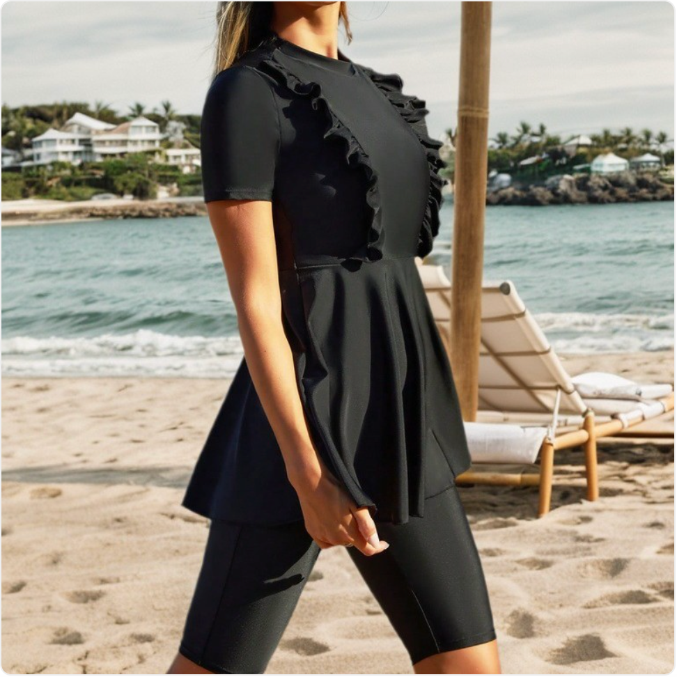 Black Swim Dress with Shorts Set