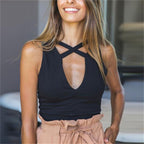 Solid Color Women's Crop Top with Cross Hollow Design