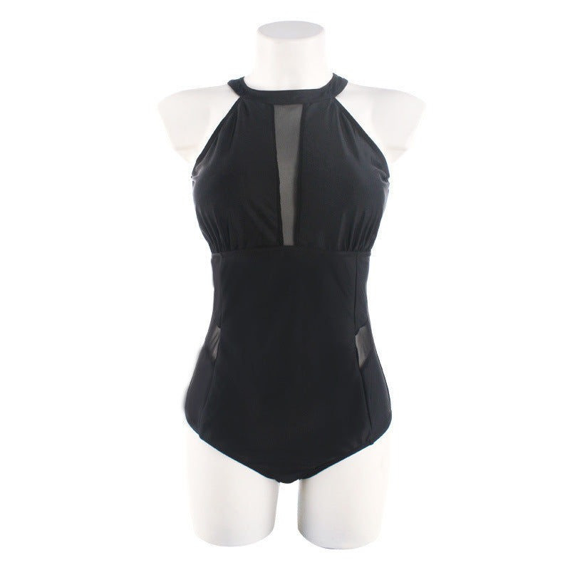Plus Size Mesh Panel High-Neck One-Piece Swimsuit