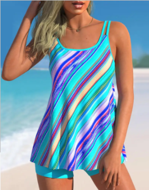 Striped Print Plus Size Tankini Set