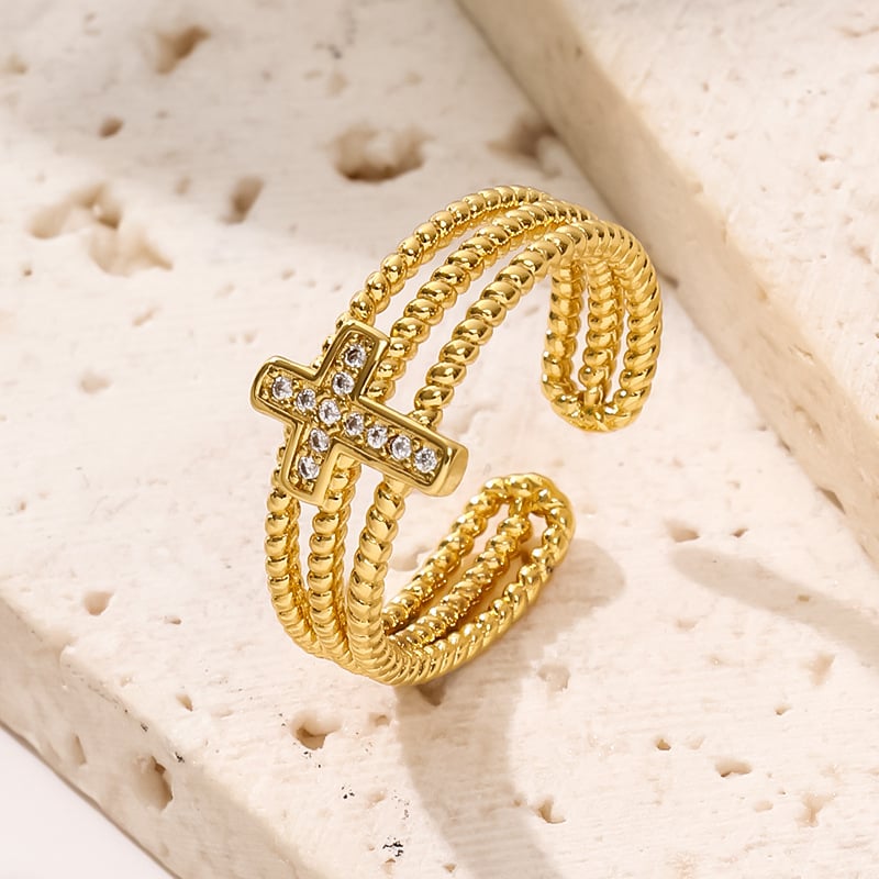 Copper Plated Zircon Cross Geometric Ring