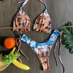 Feather Print Push-Up Tassel Bikini Set