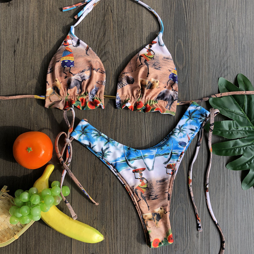 Feather Print Push-Up Tassel Bikini Set